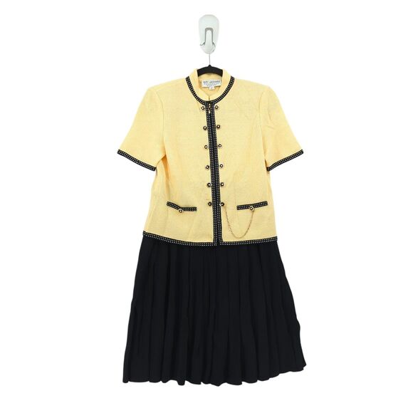 St John Women 2 Suit Set Yellow Black Santana Knit Spring 2002 Blazer Skirt FLAW - Picture 2 of 13